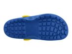 Blue children's clog with a yellow strap, sole view