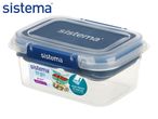 A clear plastic food storage container with a blue lid and locking clips.