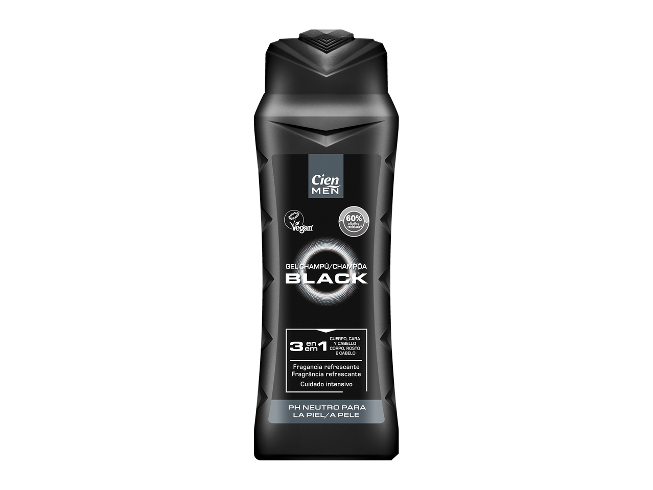 Cien Men Black: gel de banho, champô e limpeza facial vegan 3 em 1.