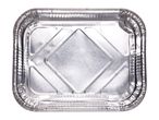 Top-down view of an empty rectangular aluminum foil tray with a textured bottom.