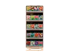 Assortment of flower bulb packages, primarily tulips and daffodils, on a wooden pallet.