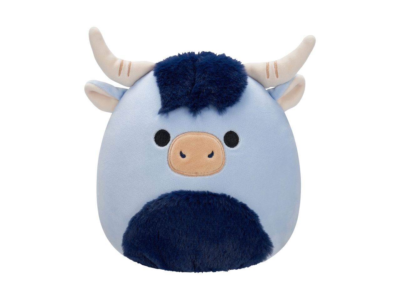 Light blue plush toy with dark blue fur accents, a tan snout, and light beige horns.