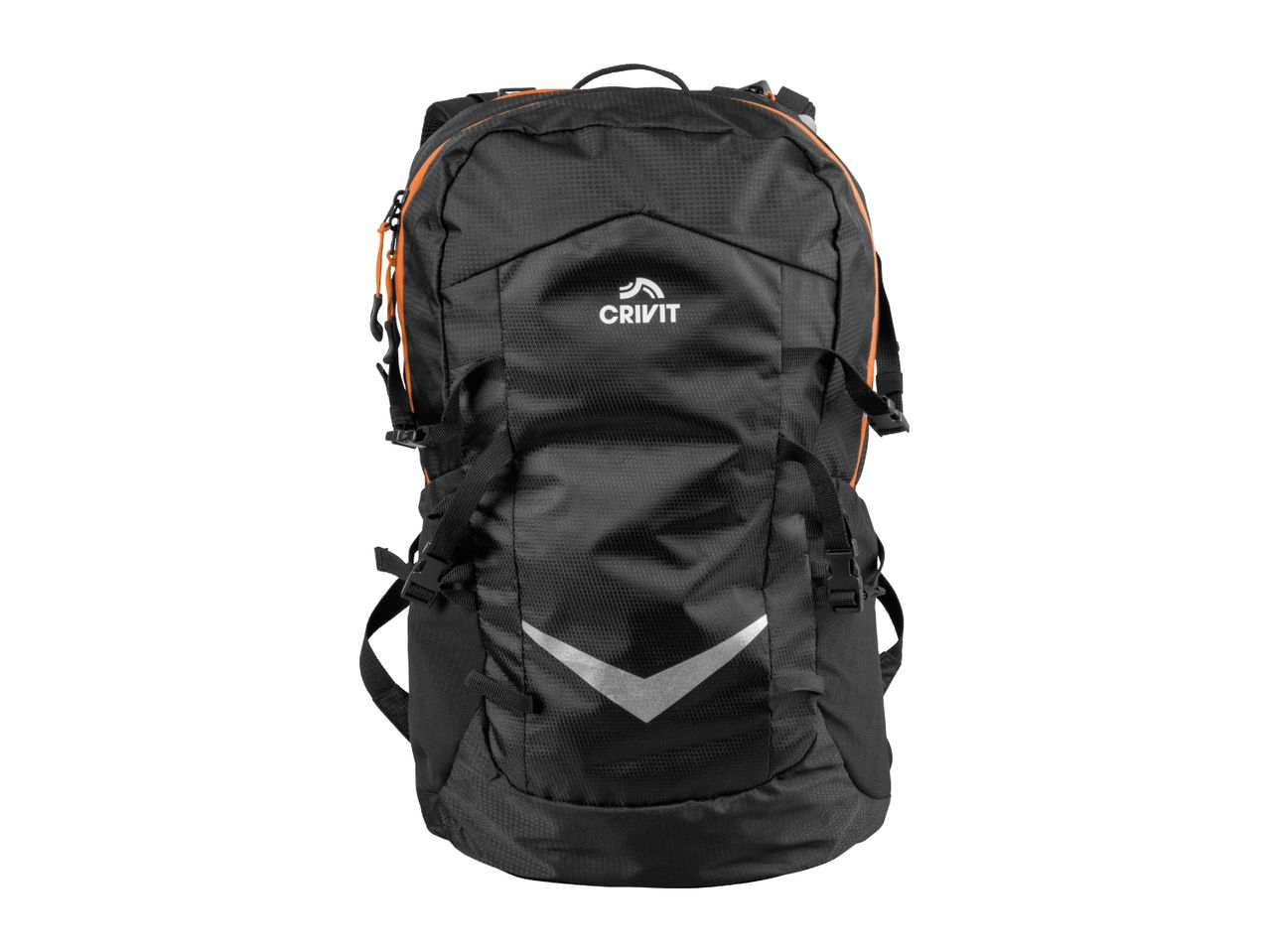 A black Crivit hiking backpack with orange accents.