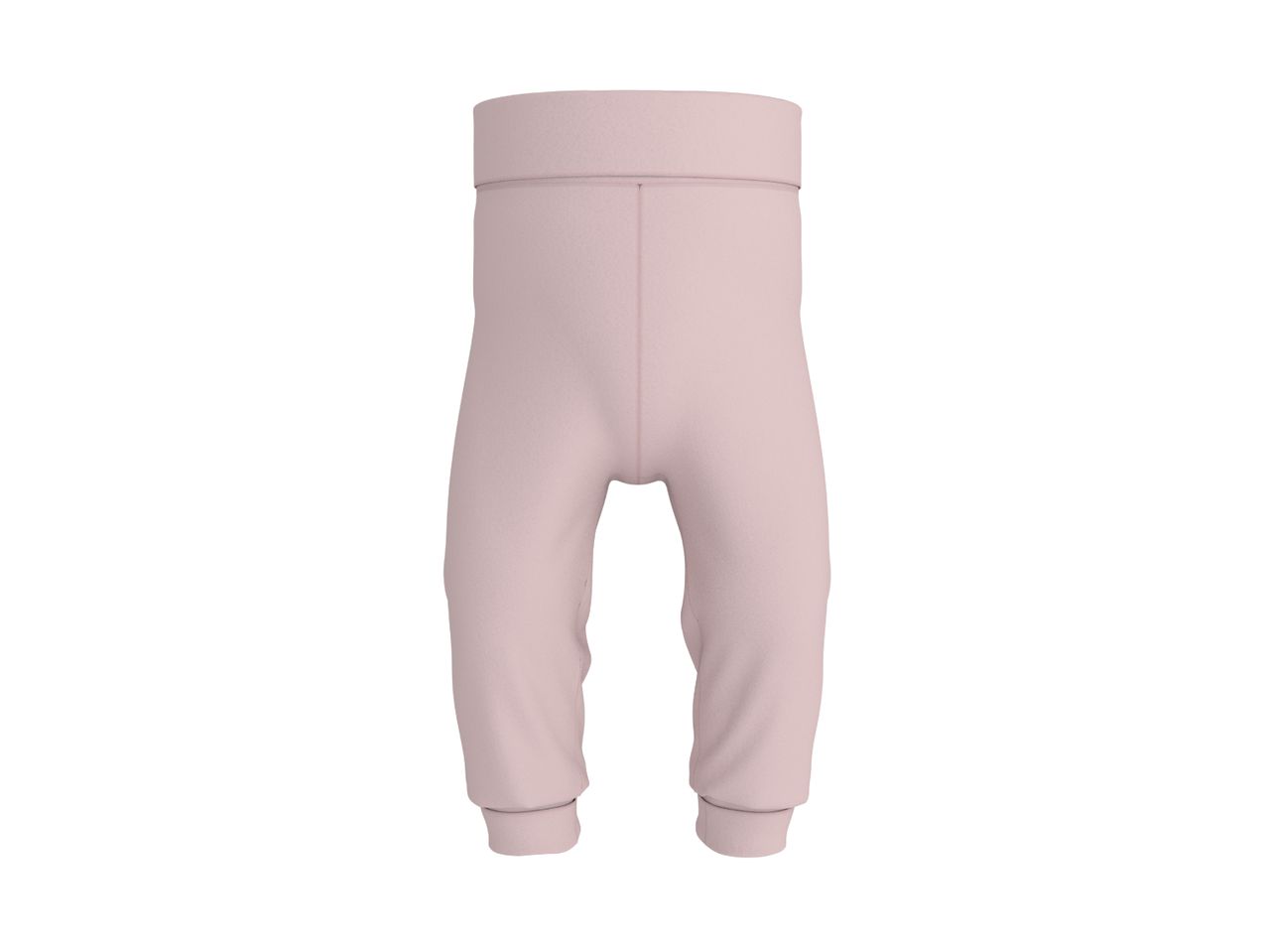Light pink baby trousers with a wide, elastic waistband and cuffed ankles.