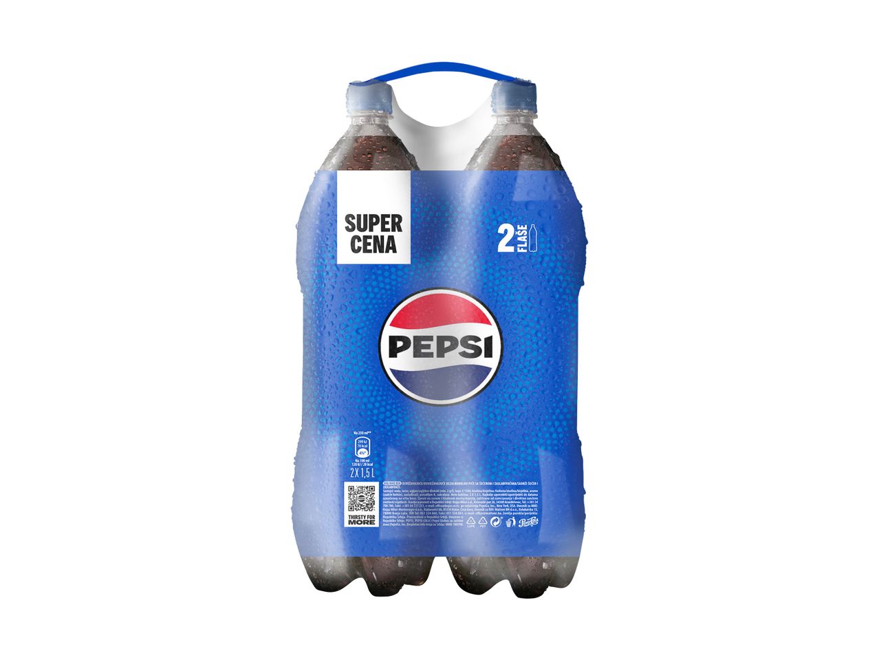 Dve flaše Pepsi Cole u pakovanju sa oznakom 'Super Cena'.