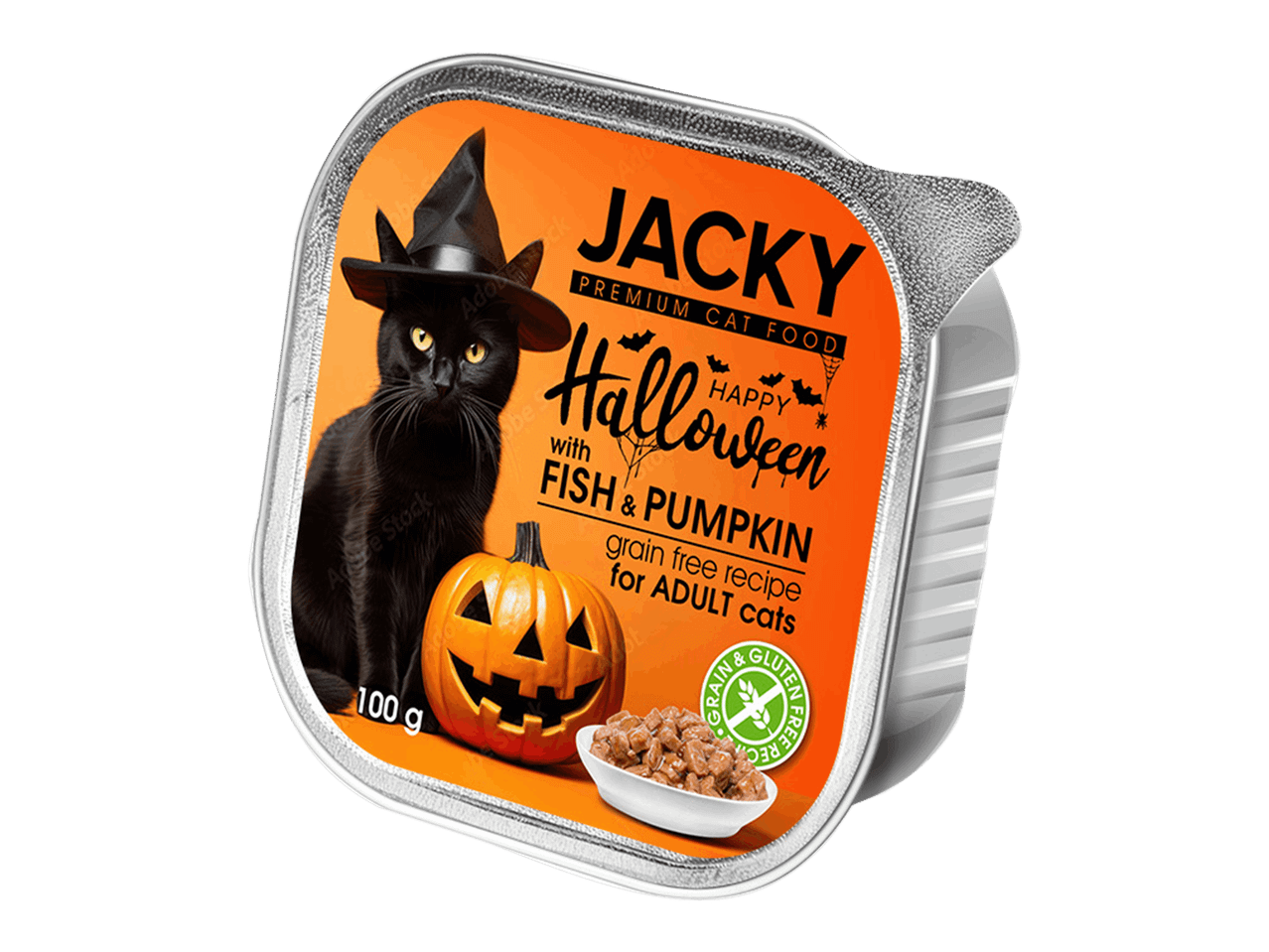 Sütőtökös és halas nedves macskaeledel halloweeni csomagolásban.