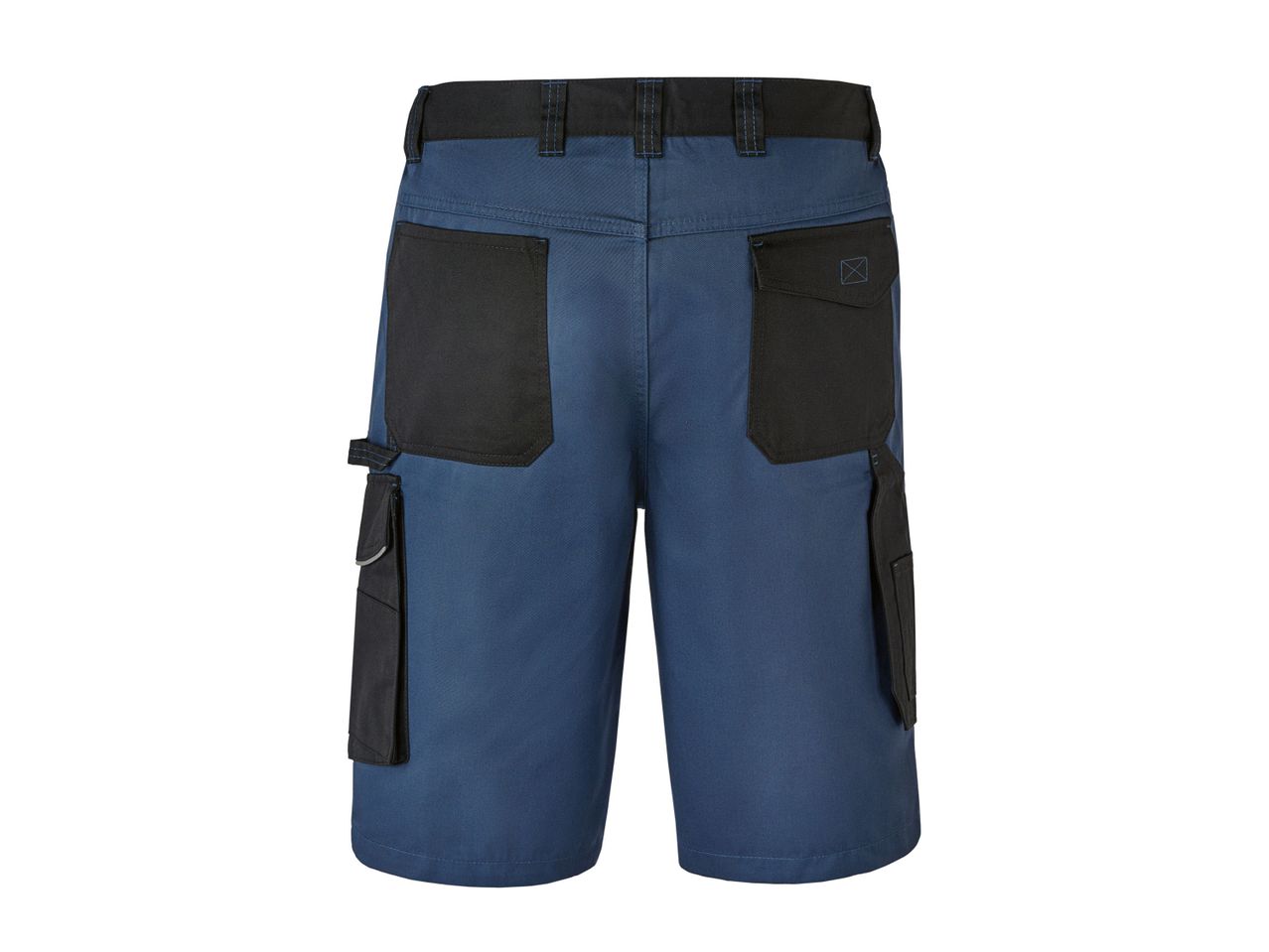 Back view of blue work shorts with black reinforced pockets.
