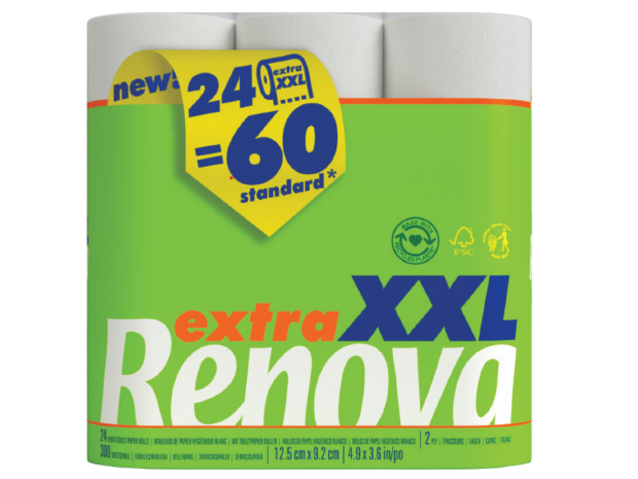 Embalagem de papel higiênico Renova extra XXL com 24 rolos, equivalente a 60 rolos padrão.