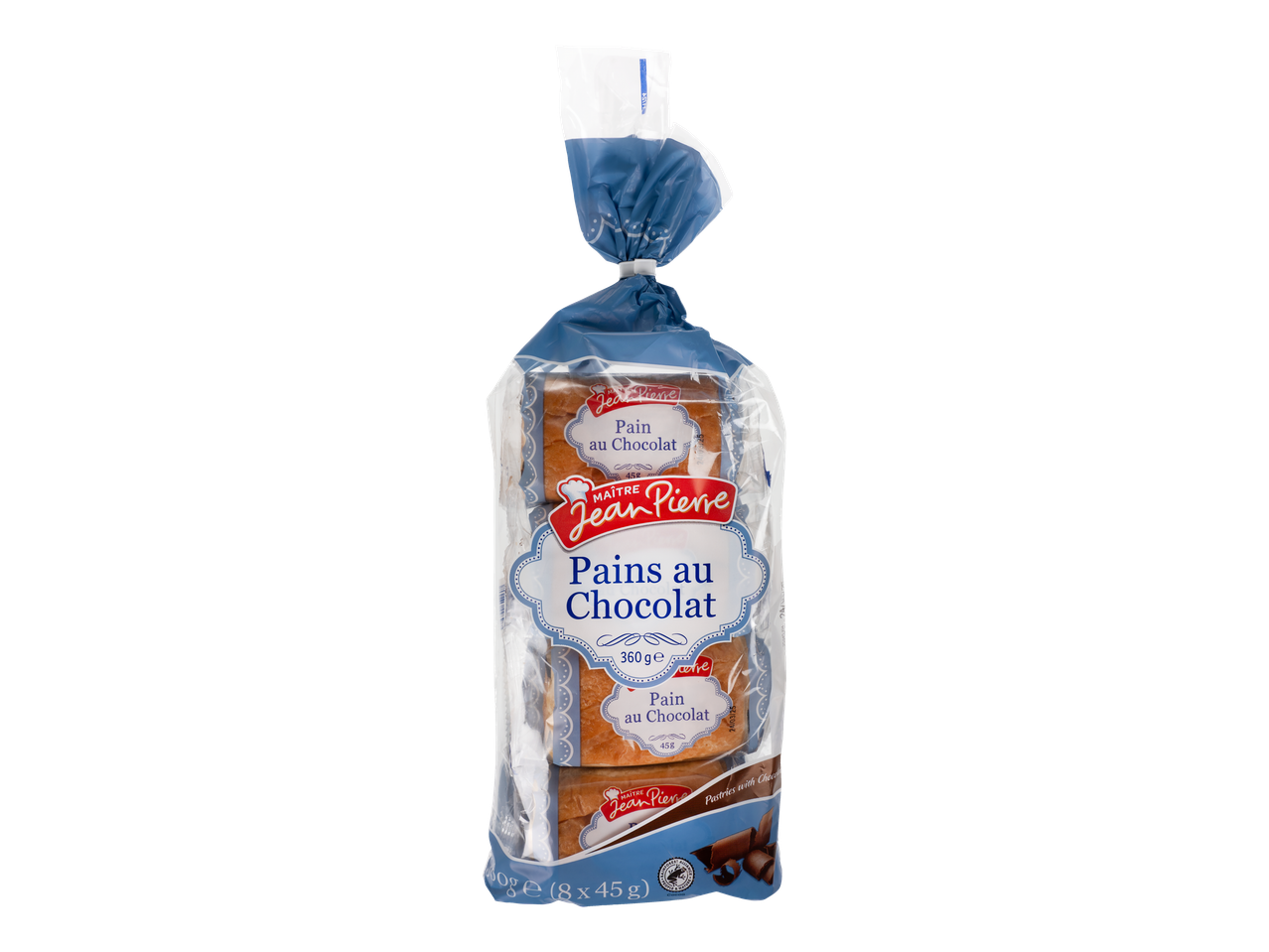 O pungă de patiserie Maître Jean Pierre cu ciocolată (360g), conținând opt 'pains au chocolat' individuale de 45g.