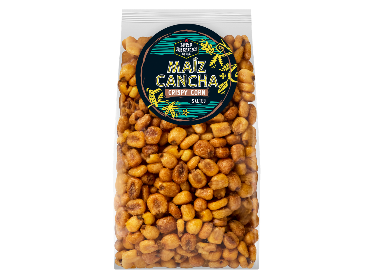 Salted crispy corn Maiz Cancha in a bag.