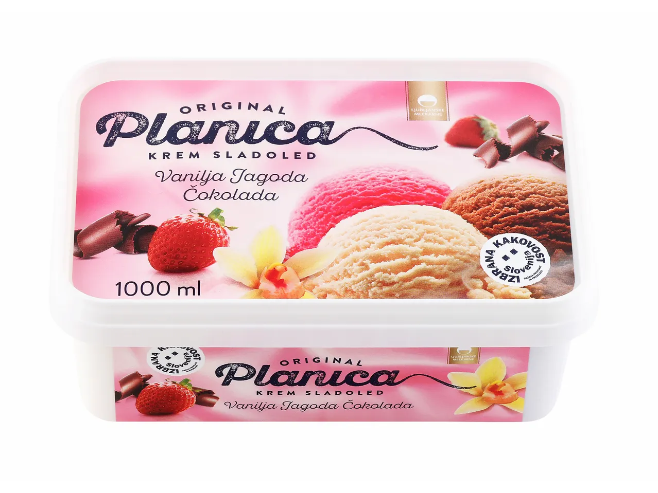 Planica original sladoled v posodi 1000 ml z okusom vanilije, jagode in čokolade.