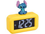 Geltonas žadintuvas su Stitch figūrėle ir skaitmeniniu ekranu, rodančiu 12:25.