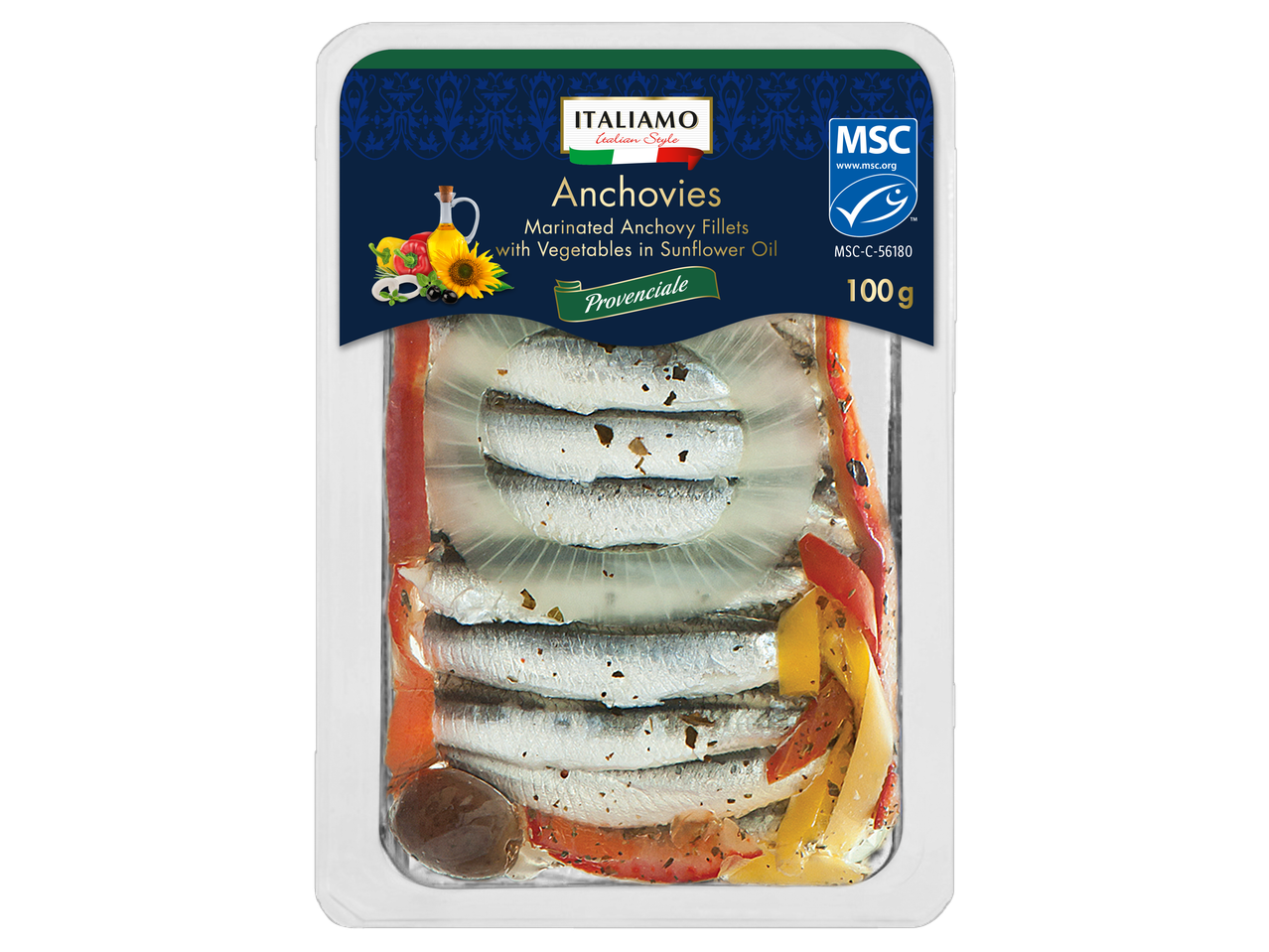 ITALIAMO marinētas anšovu filejas ar dārzeņiem saulespuķu eļļā, Provencale, 100g
