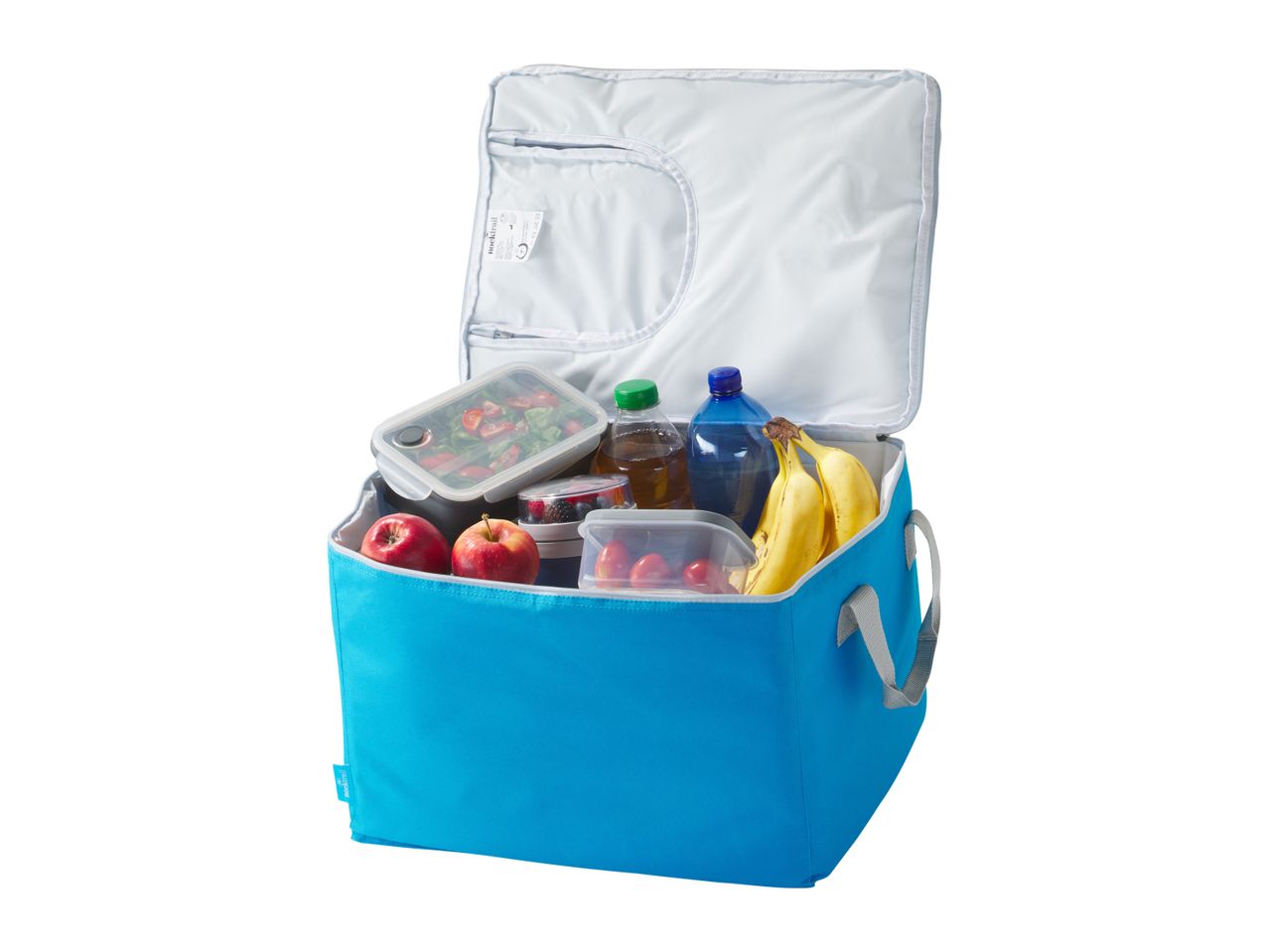 A blue insulated lunch bag filled with food and drinks.