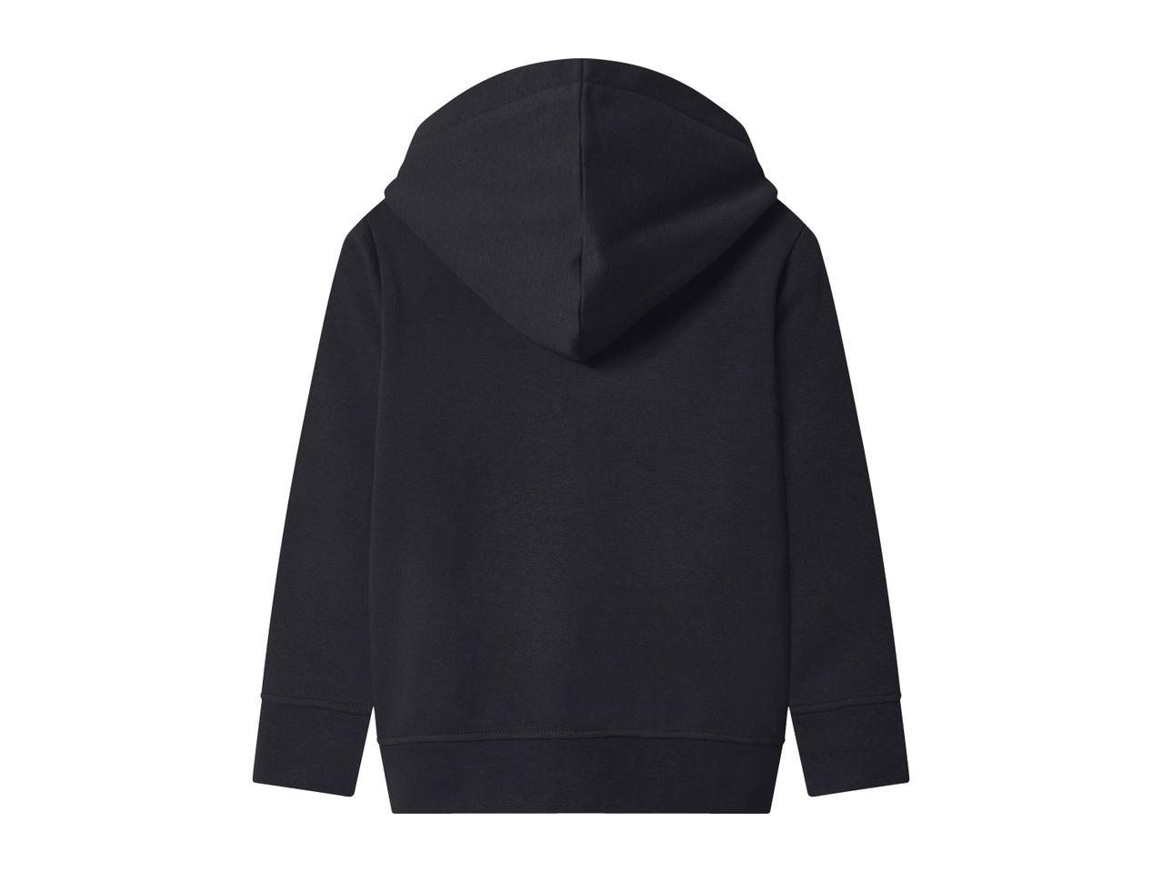 Rear view of a plain black hoodie with a hood and ribbed cuffs and hem.