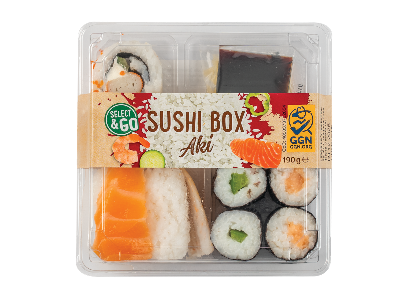Sushi karp lõhe, krevettide ja köögiviljadega, sisaldab sojakastet ja on 190g.