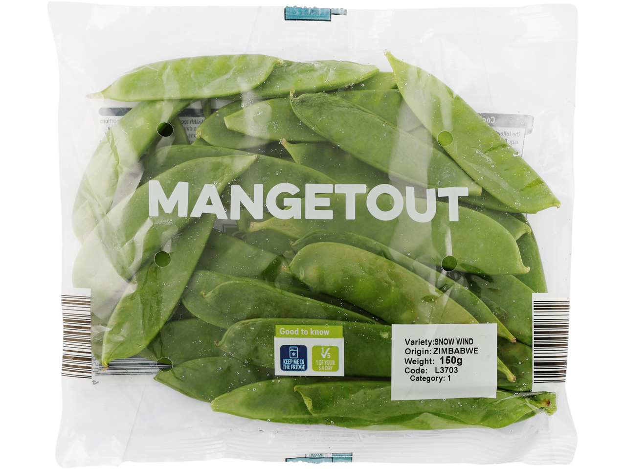 A clear plastic bag of fresh mangetout, labeled with variety, origin, weight, and storage instructions.