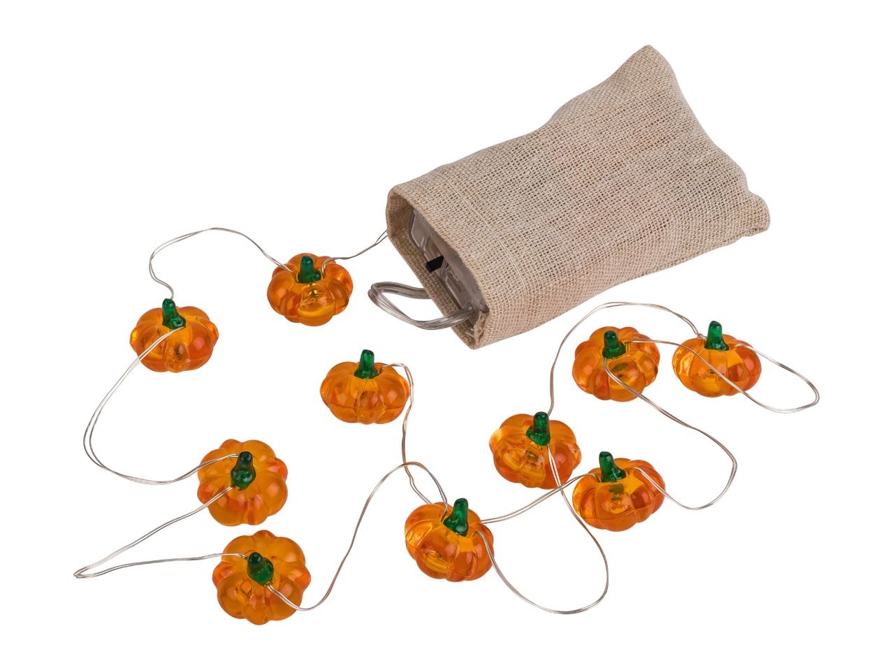 Pumpkin-shaped string lights spilling from a burlap bag.