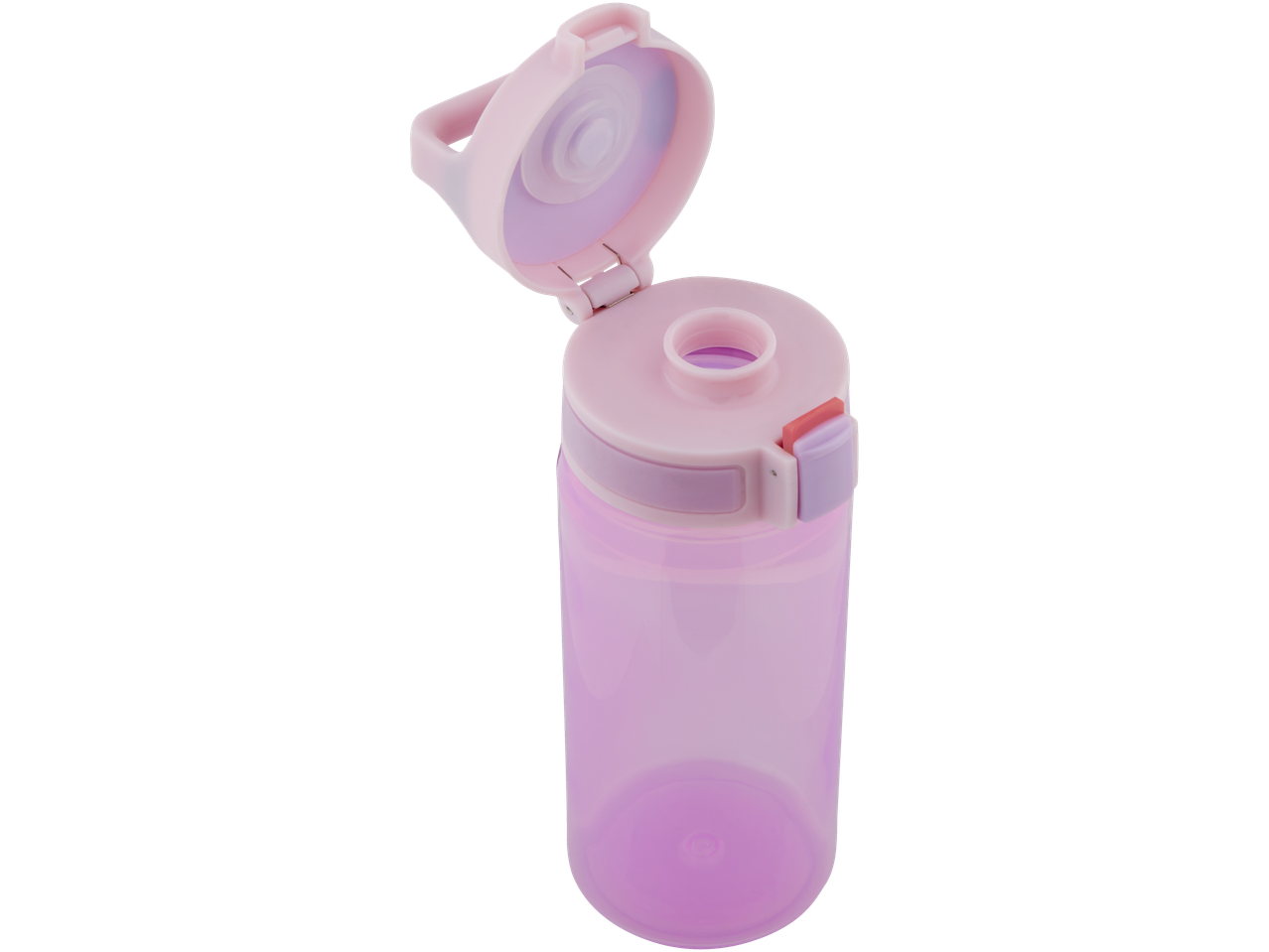 Rožinė vandens butelis su atlenkiamu dangteliu.