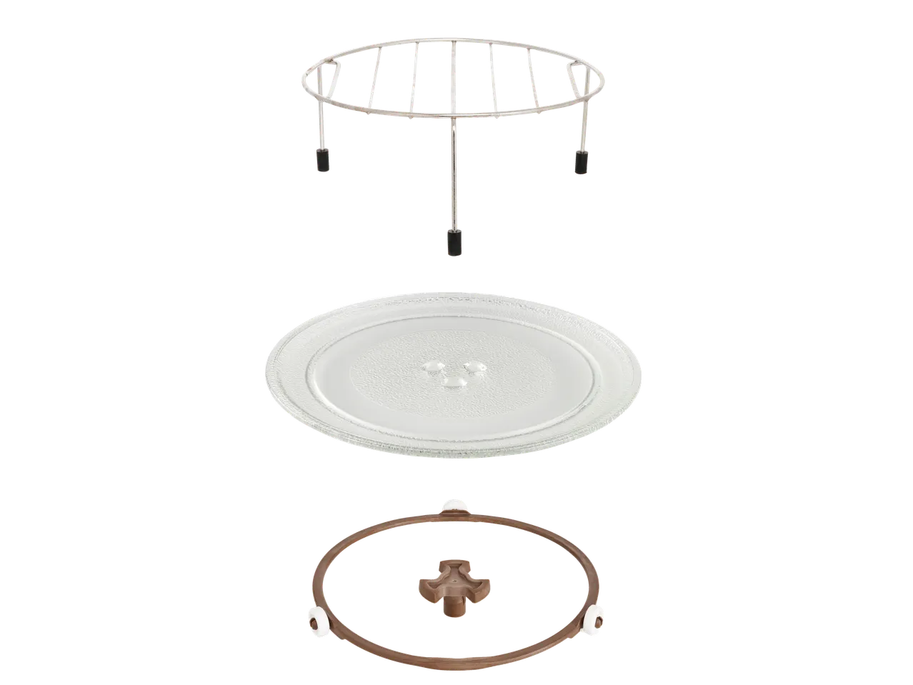 Tri dodatka za mikrotalasnu pećnicu: metalna rešetka, stakleni tanjir i rotirajući prsten.