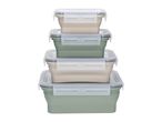 Stack of four collapsible food containers in green and beige with clear lids.