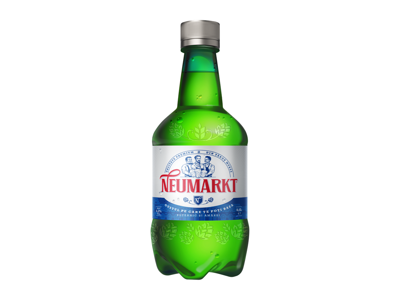 O sticlă verde de bere cu etichetă albă, cu textul 'GUSTUL PE CARE TE POȚI BAZA'.