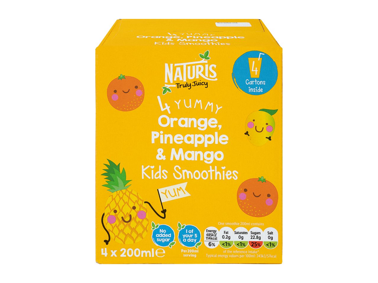 4 Naturi's kids smoothies: orange, pineapple & mango.