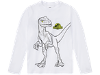 White long-sleeve shirt featuring a dinosaur and Jurassic World logo.