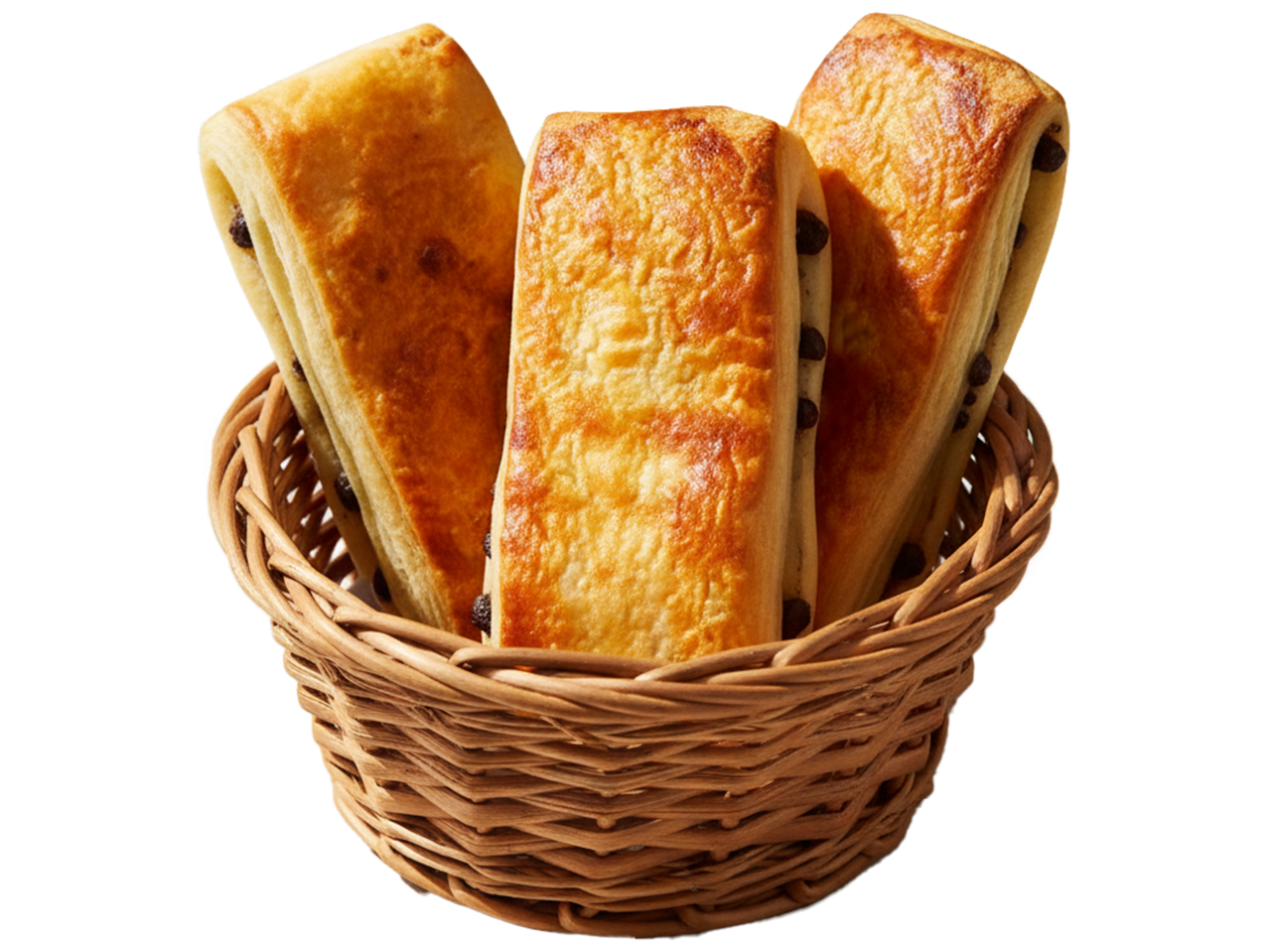 Trois pains au chocolat dorés dans un panier en osier.