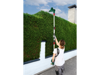 Woman trimming a tall hedge with a PARKSIDE telescopic hedge trimmer.