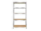 A silver metal shelving unit with five wooden shelves stands against a black background.