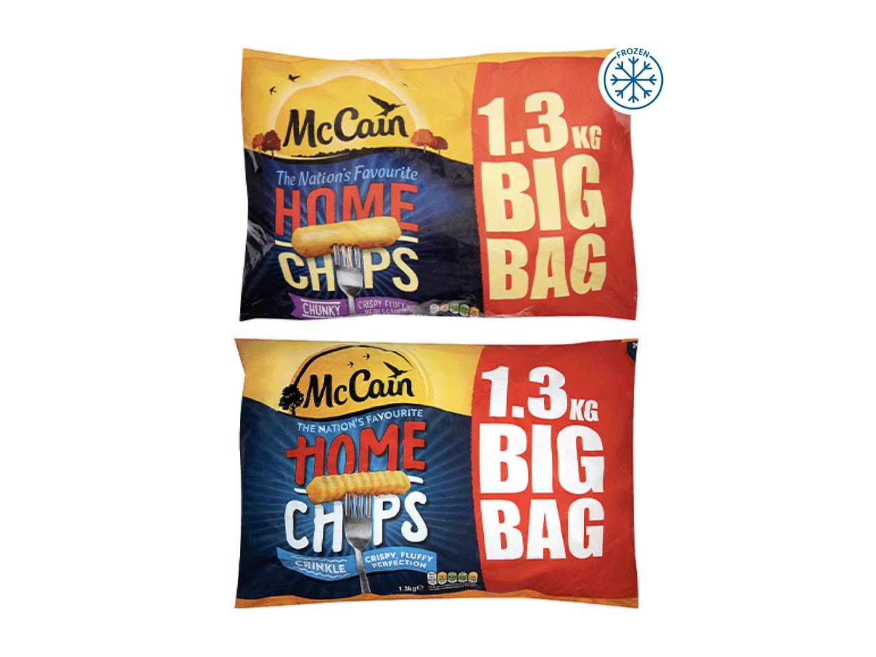 Two McCain Home Chips Big Bags, one chunky and one crinkle cut, both 1.3kg and frozen.