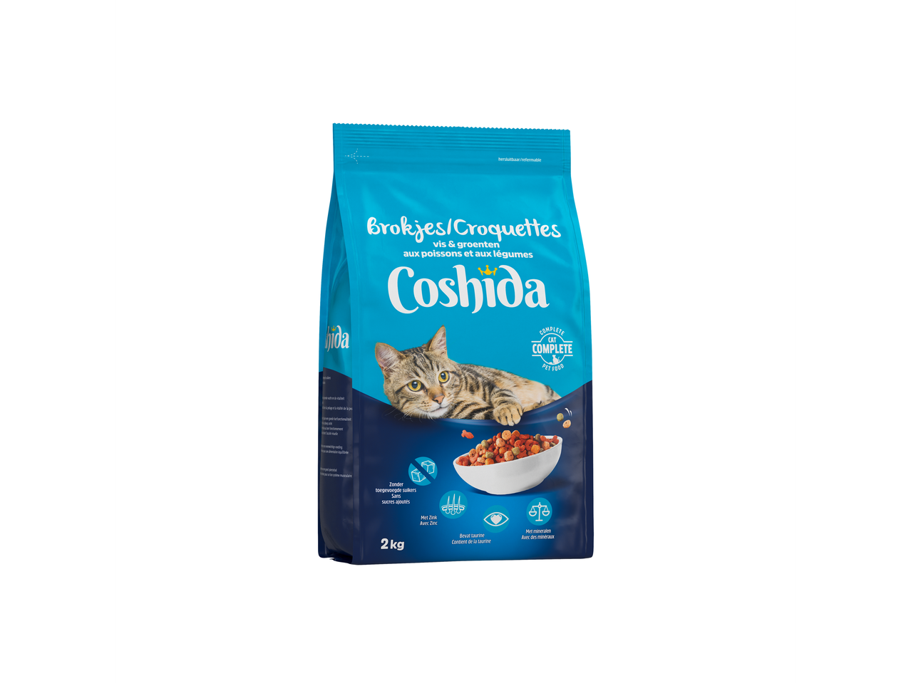 Nourriture pour chat Coshida, croquettes poisson et légumes, sac de 2kg avec une image de chat.