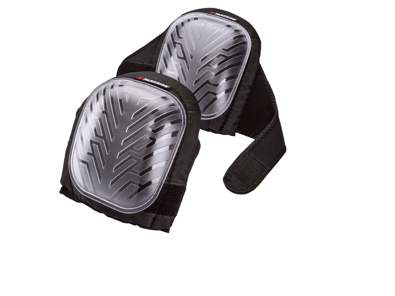 Par crnih štitnika za koljena s prozirnim, uzorkovanim zaštitnim kapicama i čičak trakama.