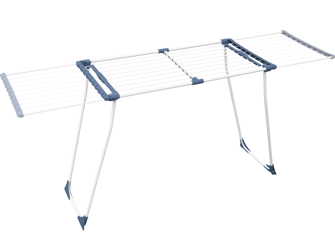 W5 sušilica za veš, sklopiva, sa belim šipkama i plavim detaljima.