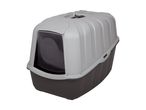Grey hooded cat litter box with a transparent flap door