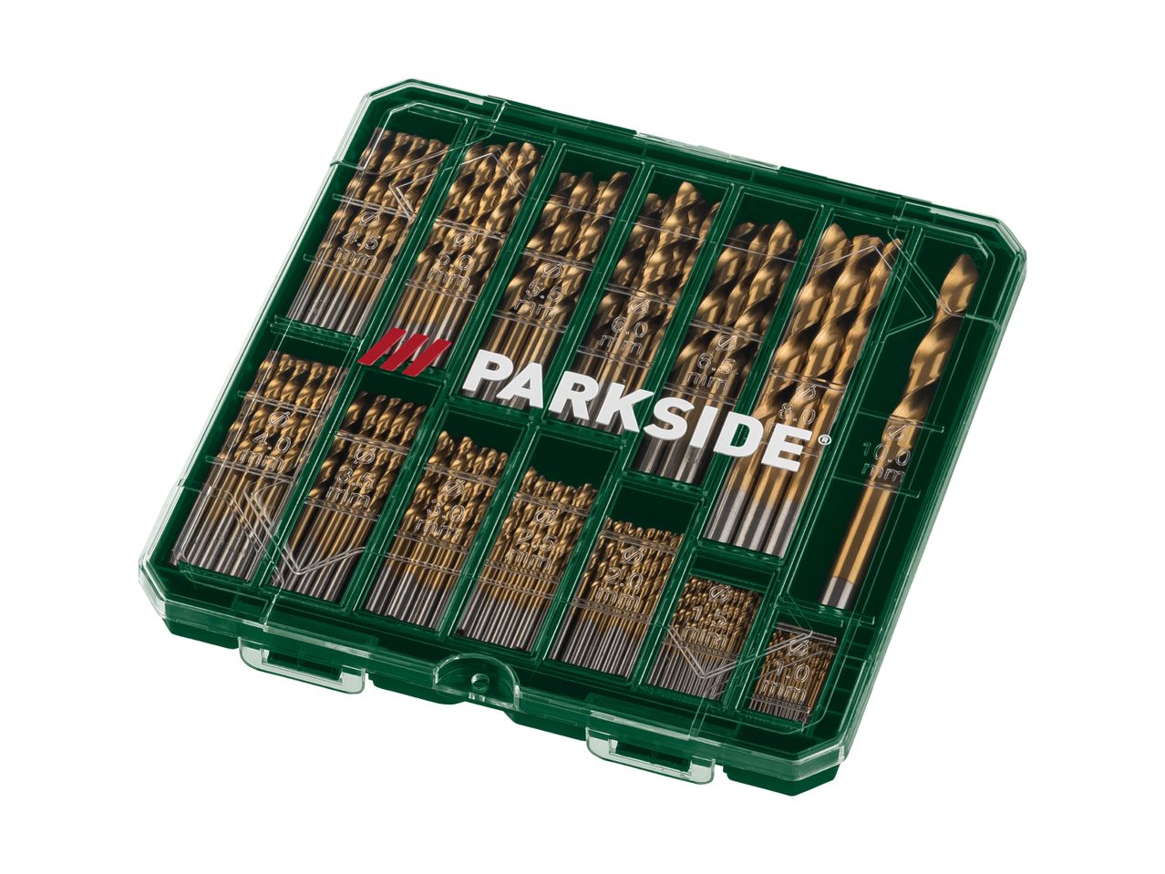 Parkside titanium drill bit set in a green plastic case.