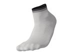 A white ankle sock with a black and gray band at the top.