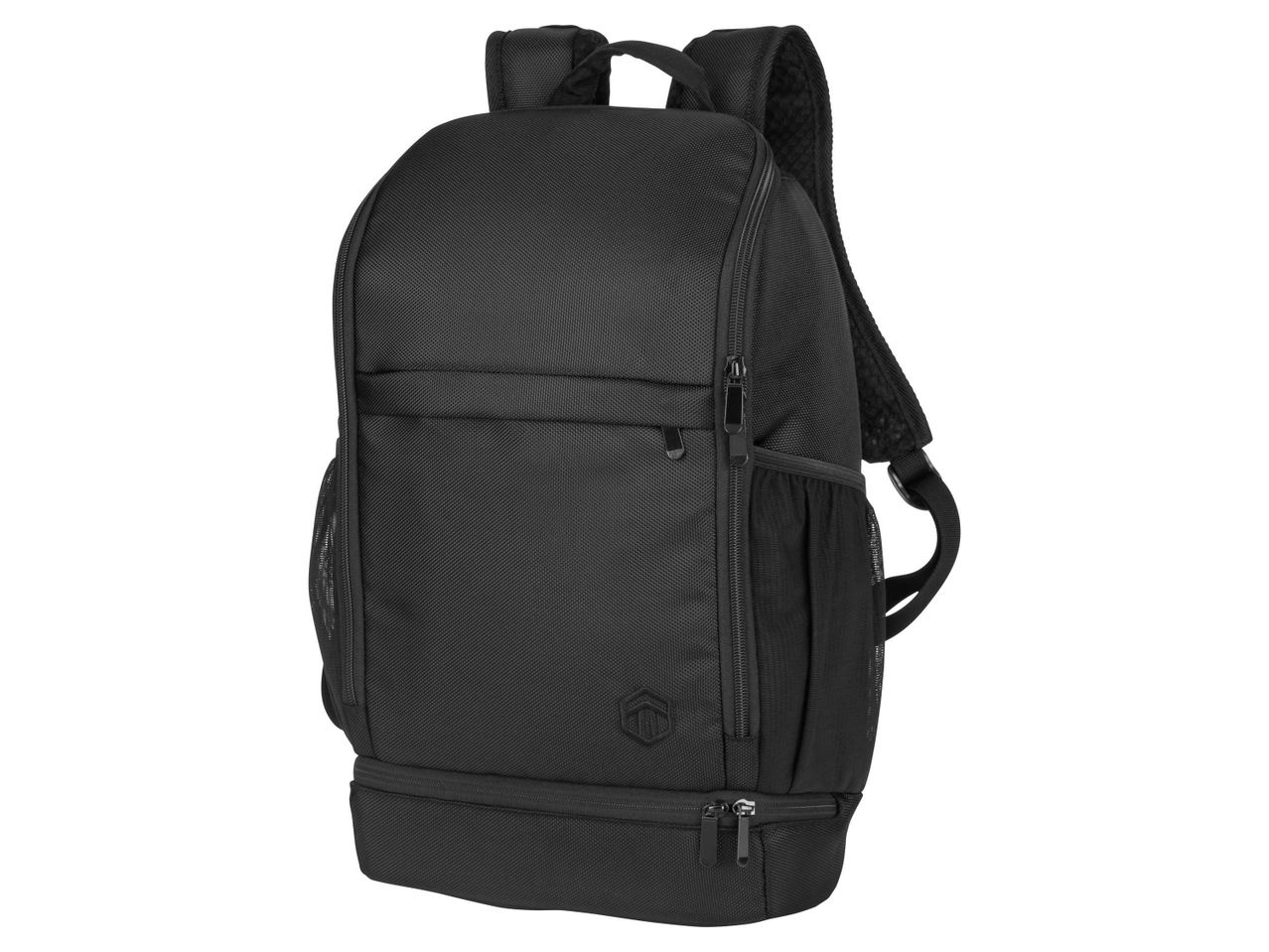 Black backpack with multiple compartments and mesh side pockets.