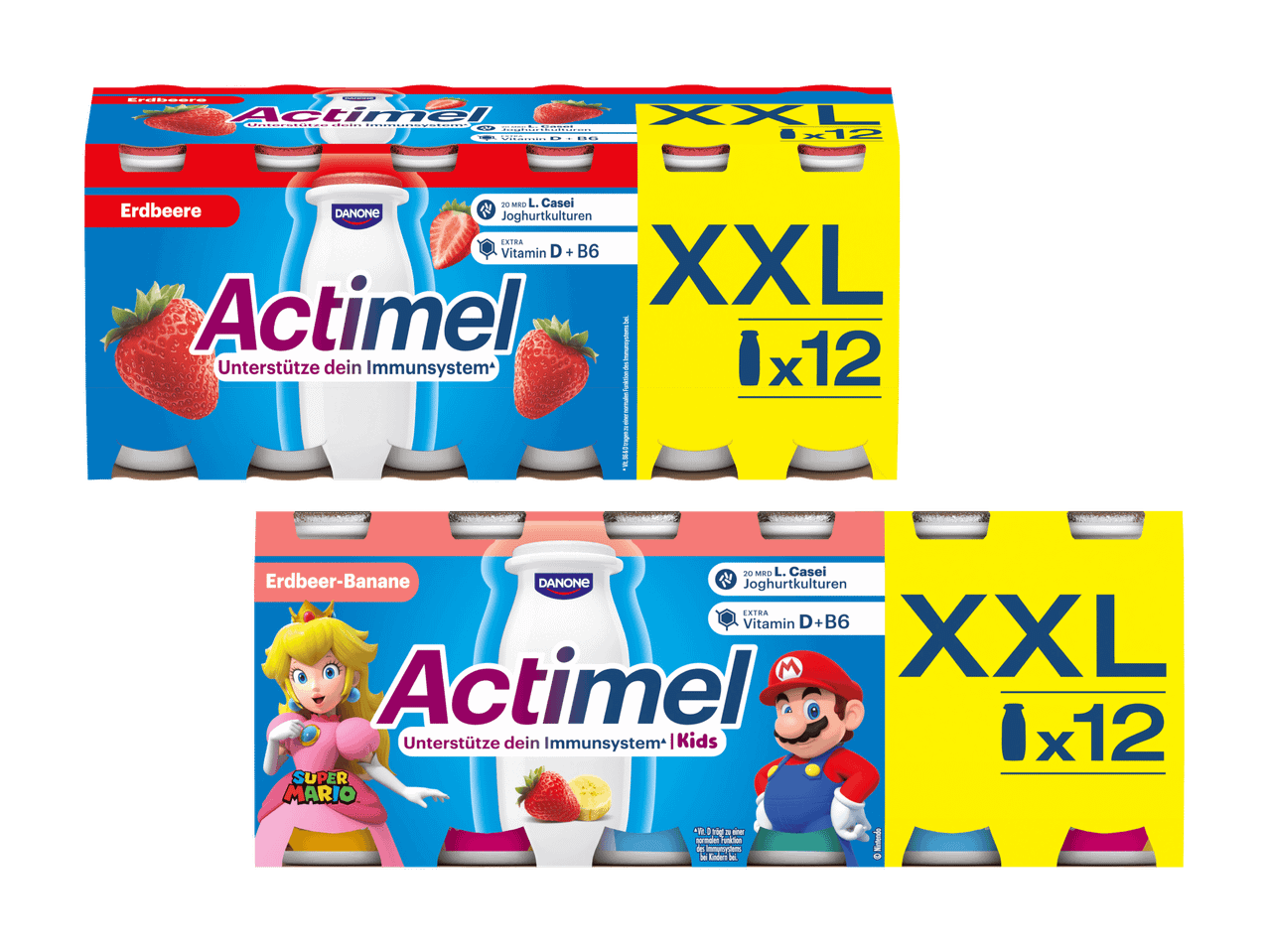 Zwei Packungen Actimel Joghurtgetränke, Erdbeere und Erdbeer-Banane mit Super Mario-Charakteren.