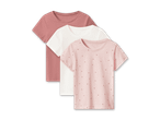 Drei T-Shirts in Rosa, Weiß und Hellrosa mit Punkten, übereinandergelegt.