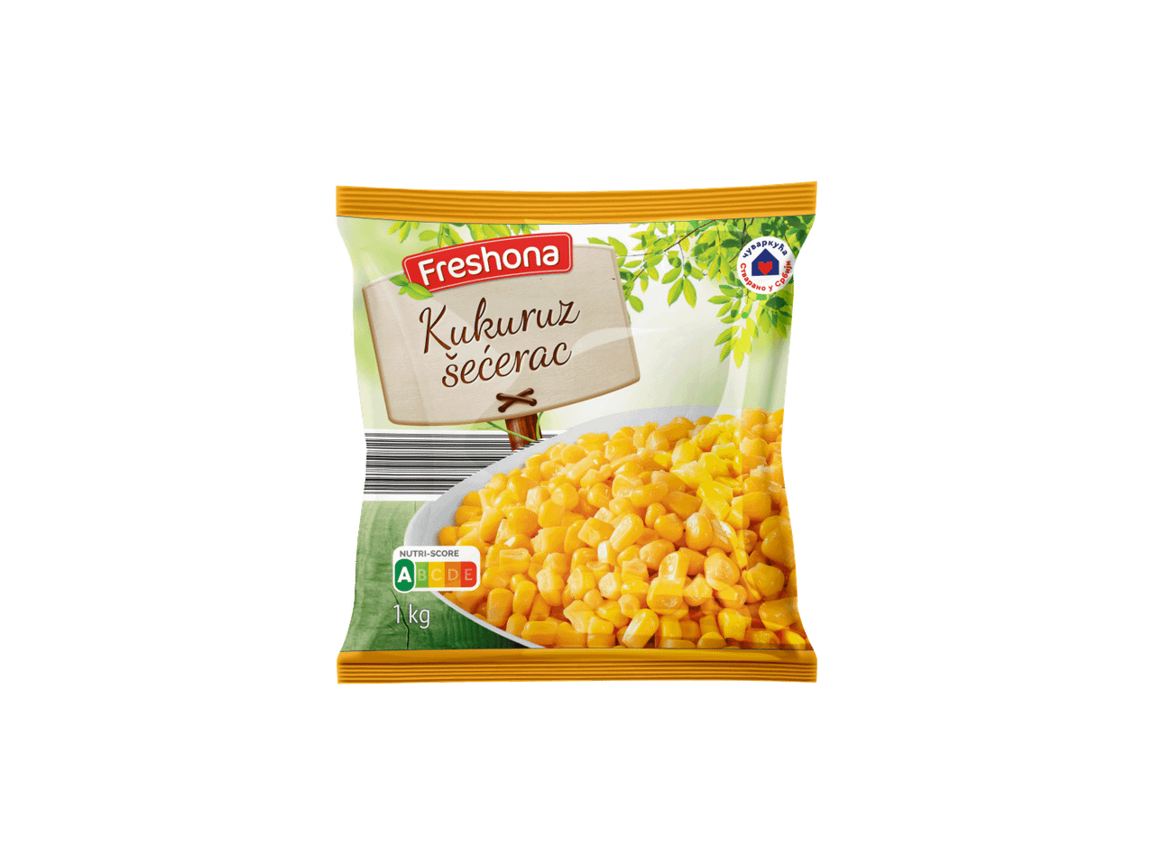 Pakovanje smrznutog kukuruza šećerca sa Nutri-Score oznakom i natpisom „Kukuruz šećerac“.