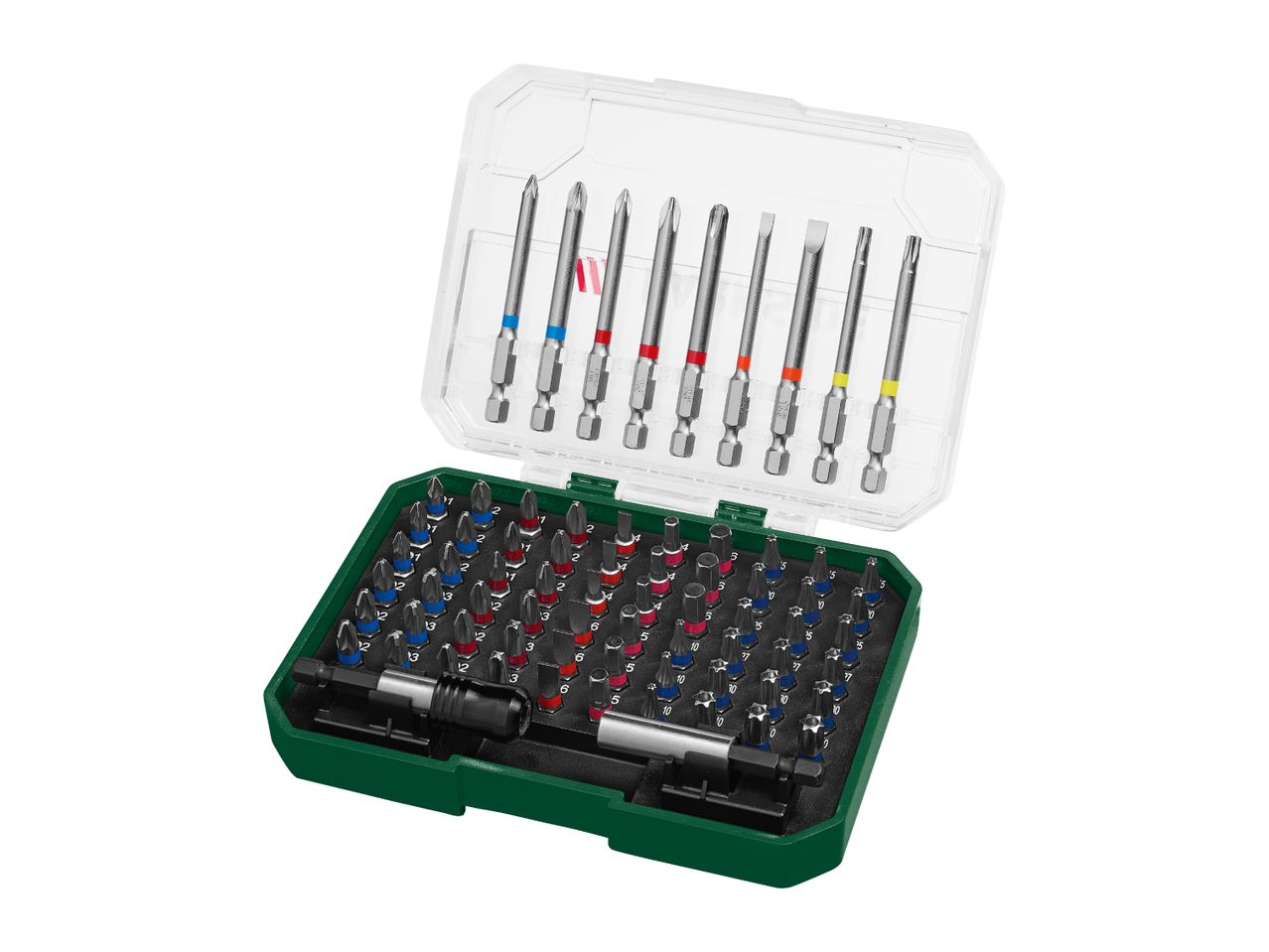 Open green case containing a comprehensive screwdriver bit set with various sizes and types.