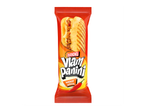 Rode verpakking met een panini gevuld met gehakt en kaas, en de tekst 'lekker pittig'.