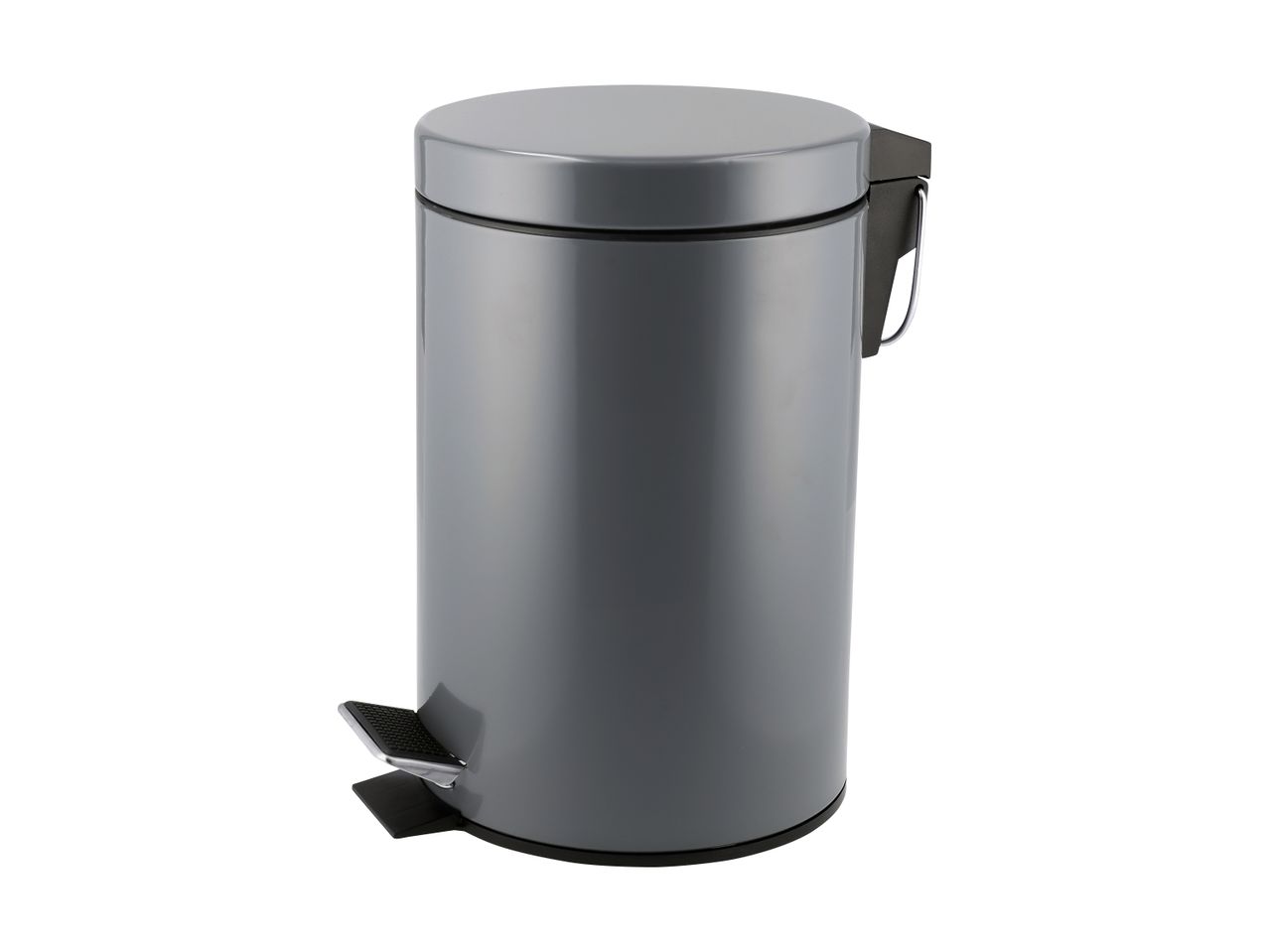Grey pedal bin with a round lid and a black foot pedal.