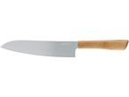 Un coltello da cucina con lama in acciaio inossidabile e manico in legno chiaro.