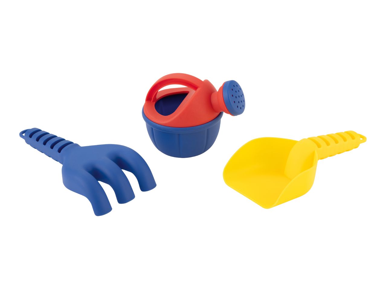 Colorful plastic sand toys: a blue rake, a red and blue watering can, and a yellow shovel.