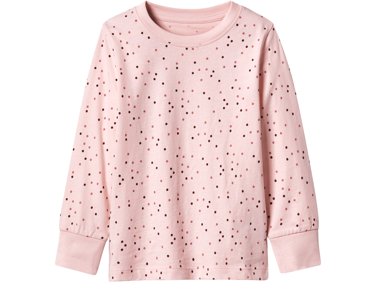 Pink long-sleeved top with scattered dark and light pink polka dots.
