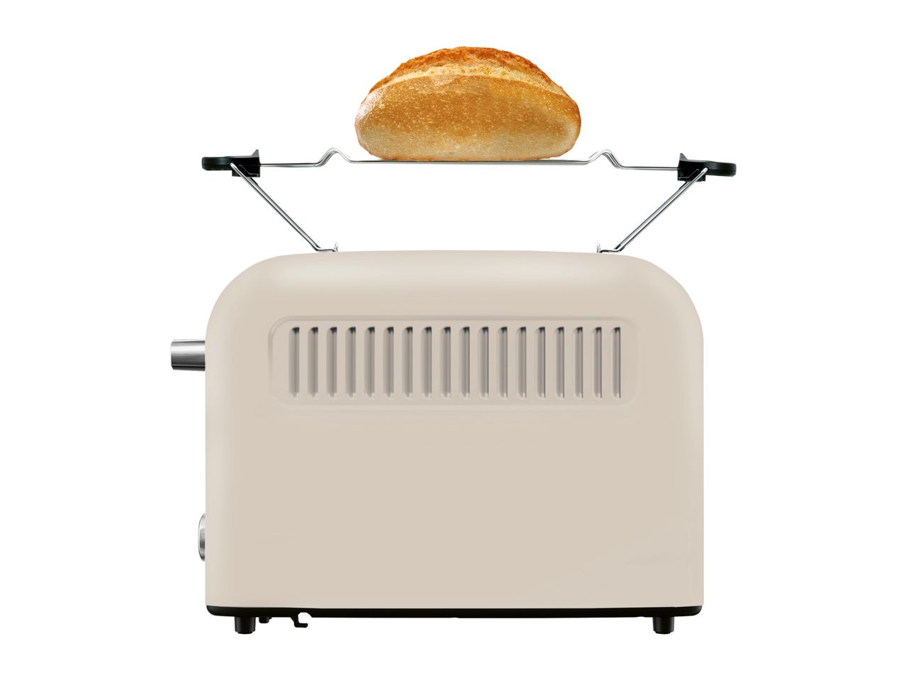 A beige toaster with a slice of bread on top.