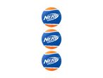 Three orange and blue dog tennis balls, stacked vertically.